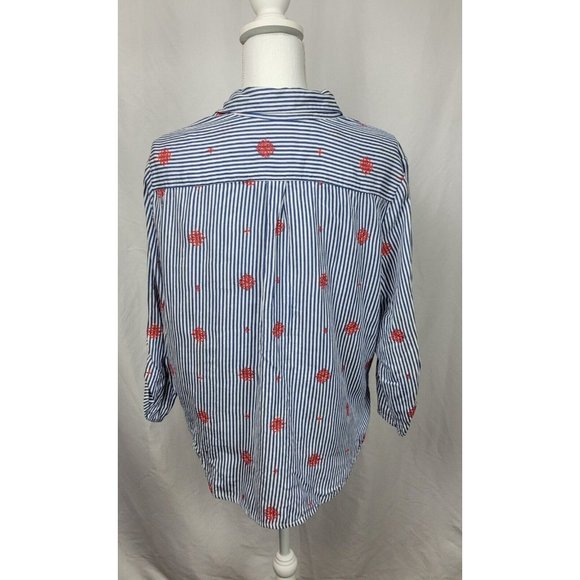 Ruby Rd. Woman's Blue Stripe floral embroidered button up roll up sleeve Size XL - Picture 2 of 5